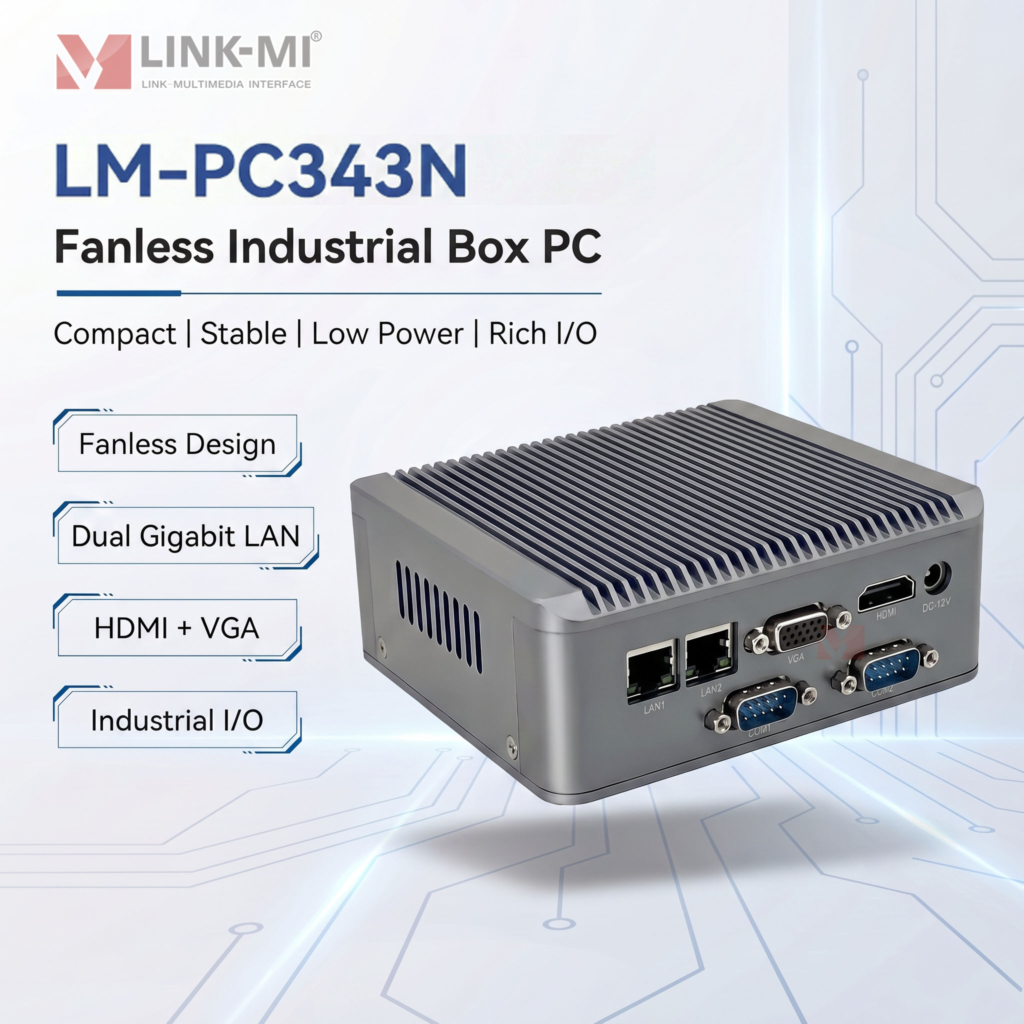 LINK-MI LM-PC343N Industrial Box PC Fanless Mini Computer with Dual LAN RS232 HDMI VGA N2840 J1800